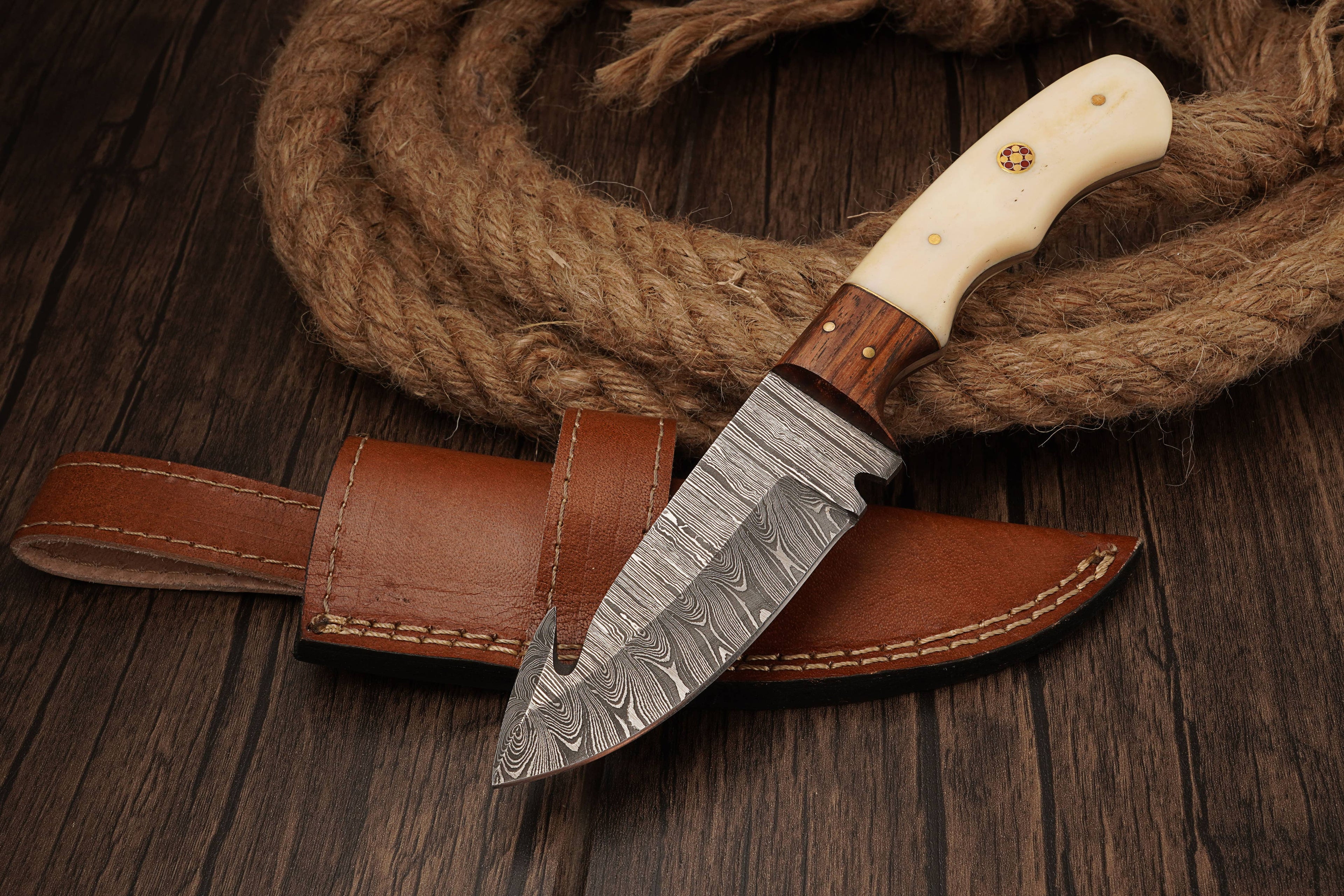 9' Damascus Guthook knife with leather sheath  Bone Handle