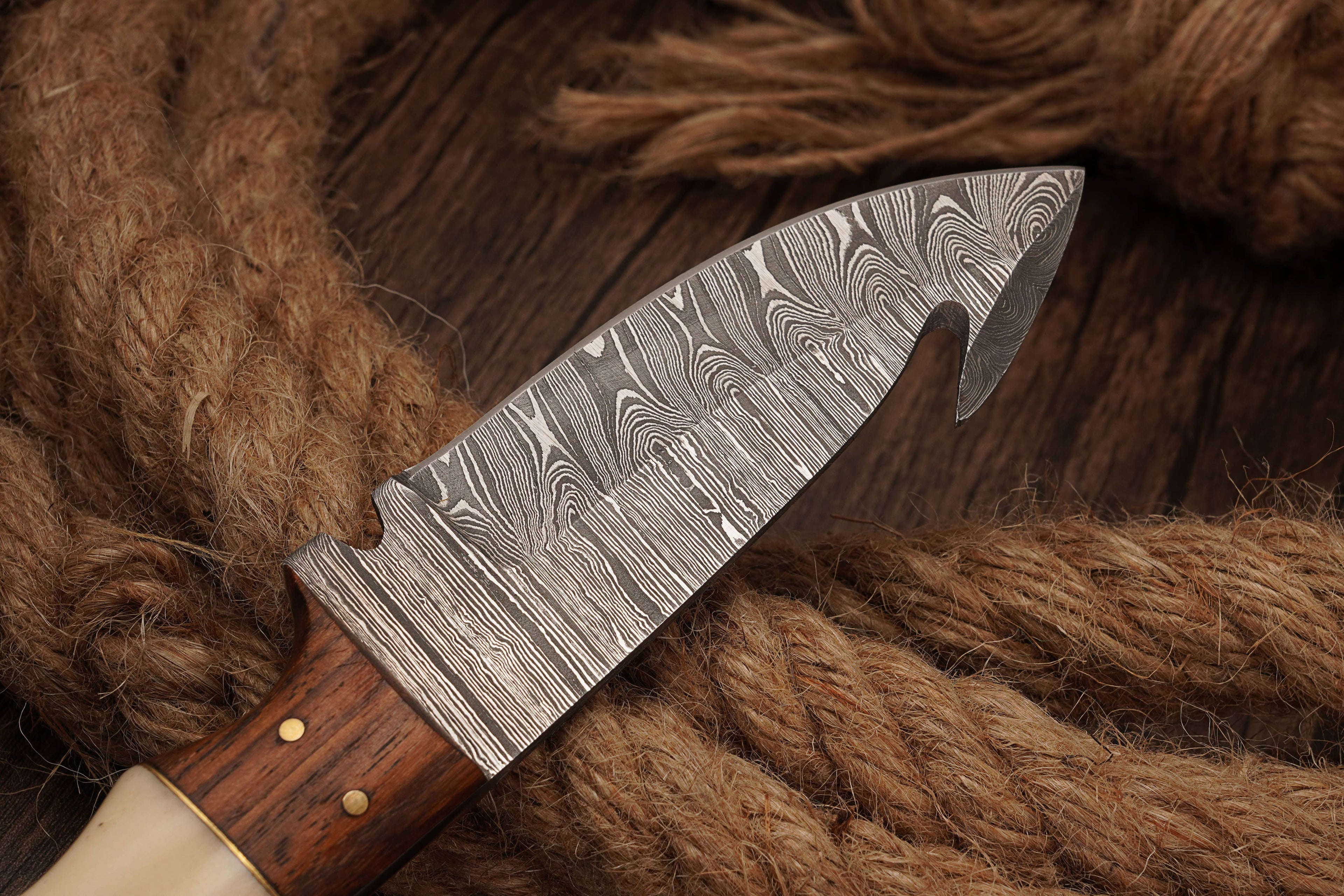 9' Damascus Guthook knife with leather sheath  Bone Handle