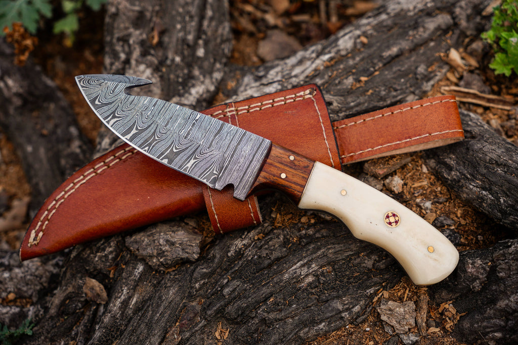 9' Damascus Guthook knife with leather sheath  Bone Handle