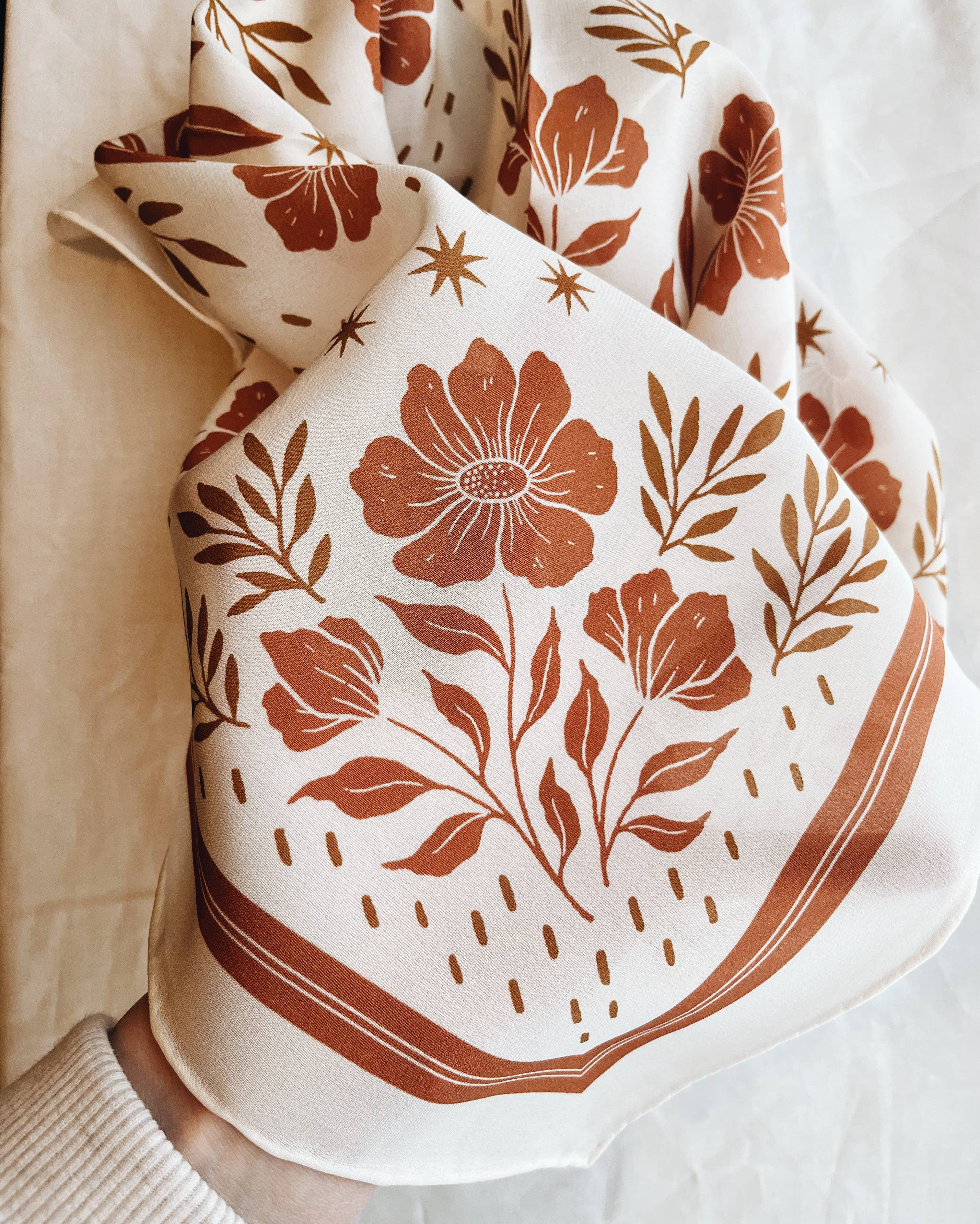 100% Silk Bandana Scarf - Desert Floral Western Earth Tones