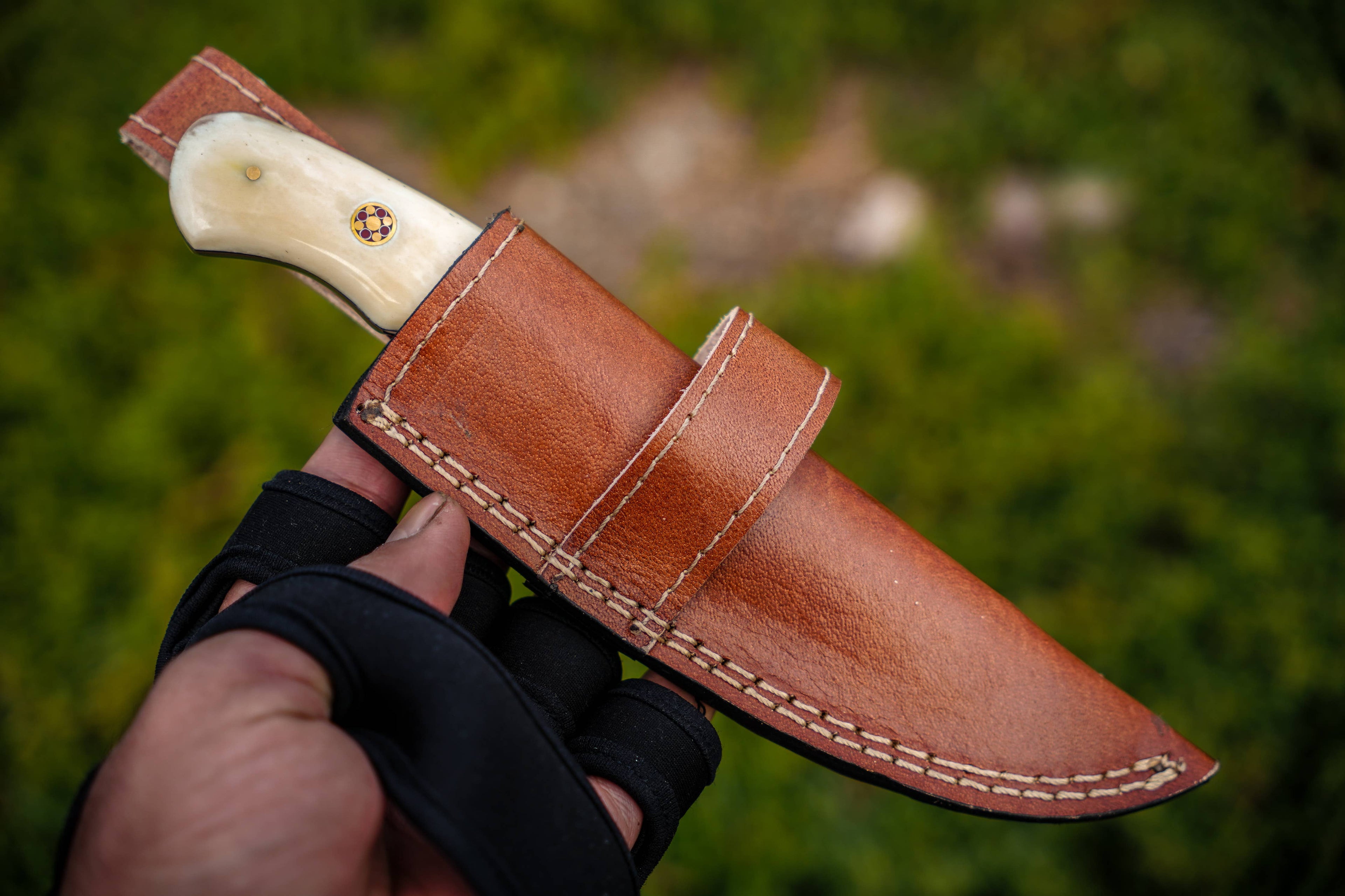 9' Damascus Guthook knife with leather sheath  Bone Handle